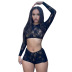mesh see-through embroidery round neck long-sleeved crop top shorts set NSMG123120