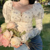 bubble long-sleeved stitching low-cut floral lace top NSGWY123149