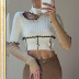 hollow stitching long-sleeved wave edge half turtleneck contrast color top NSGWY123155