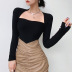 long-sleeved square collar elastic slim solid color knitted top NSGWY123157