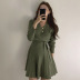 long-sleeved V-neck lace-up solid color knitted dress NSGWY123172