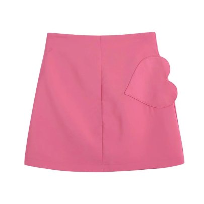 Pink High-waist Heart-shaped Decorated Silk Satin Texture Skirt  NSAM123232