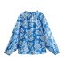 blue long-sleeved floral Print lace-up Blouse  NSAM123244