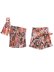 spring slanted shoulder printed top and knotted ruffled hem shorts two-piece set NSAM123246