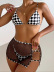 conjunto de tres piezas de bikini de malla con estampado de tablero de ajedrez y cintura alta con tirantes NSCSY123250