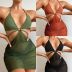wrap chest hanging neck lace-up high waist solid color bikini three-piece set NSCSY123272