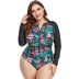 large size floral print long-sleeved round neck zipper stitching one-piece swimsuit  NSJHD123400