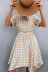 irregular hem V-neck short sleeve lace-up plaid dress NSLNZ123432
