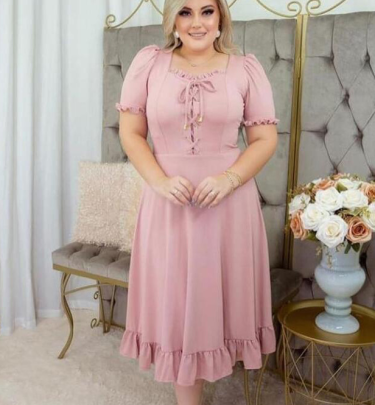 Plus Size Short-sleeved Large Swing Lace-up Fungus Edge Solid Color Dress NSLNW122696