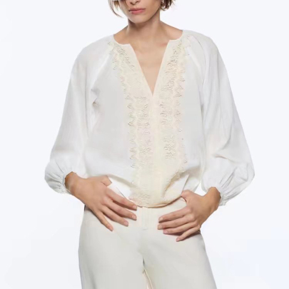 White Long-sleeved V-neck Crochet Panel Shirt NSLAY123739