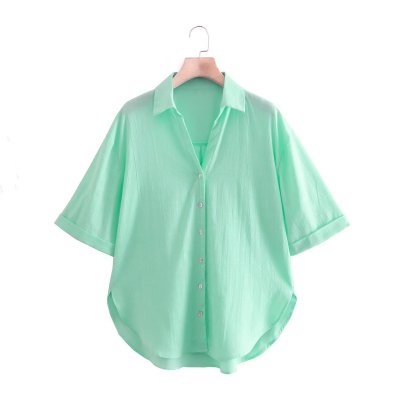 Green Mid-sleeved Lapel Slim Loose Shirt  NSAM123229