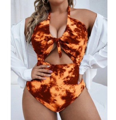 Plus Size Sexy Tie-dye Hollow Lace Up Neck One-piece Swimsuit (multicolor） NSJHD123407