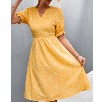 Printed V-neck Puff Sleeves A-line Dress  NSLNZ123446