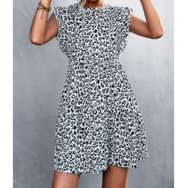 Round Neck Flying Sleeves Retro Short Leopard Print Dress NSLNZ123423