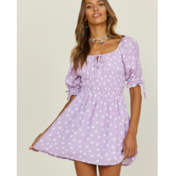 Purple Square Neck Polka Dot Short-sleeved Slim Short Dress NSLAY123185