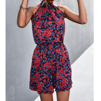 Halter Neck Sleeveless Lace-up Short Floral/leopard Print Dress NSLNZ123443