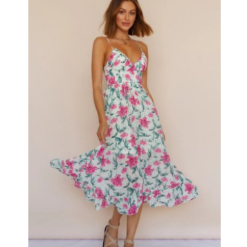 Floral Print Low-cut Lace-up Sling Long Dress  NSAM123241