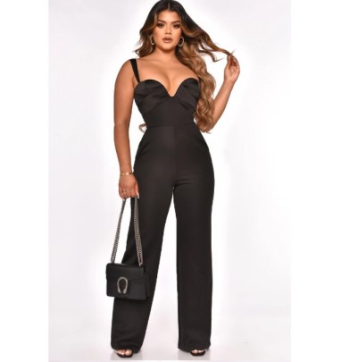 Solid Color Suspender Low Cut High Waist Flared Jumpsuit NSCQ123109