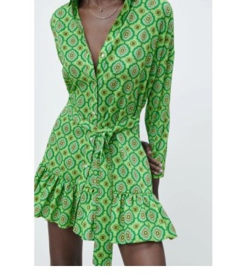 Green Geometric Printed Long-sleeved Lace-up Ruffled Hem Shirt Dress  NSAM123231