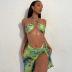 print wrap chest hanging neck backless lace-up high waist bikini three-piece set NSLHC123486