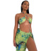 print wrap chest hanging neck backless lace-up high waist bikini three-piece set NSLHC123486