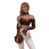 hanging neck slim long-sleeved short solid color PU leather top NSLHC123496