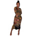 round neck long-sleeved wavy line slim leopard print dress NSLHC123500