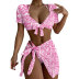 print/solid color hanging neck short sleeve lace-up bikini four-piece set NSLRS123579