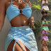 conjunto de tres piezas de bikini de color sólido con cintura alta y cordones en el cuello colgante NSLRS123586
