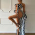 print hanging neck lace-up hollow one-piece swimsuit and long sleeve cover-up set NSLRS123591