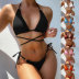conjunto de dos piezas de bikini de color sólido de cintura alta con cordones y cuello colgante NSLRS123654