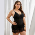 plus size sling low-cut solid color perspective lace pajamas with panties NSSSW123673