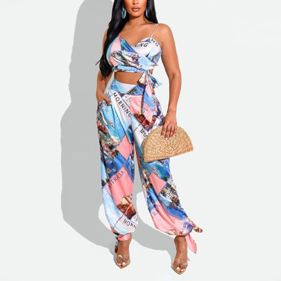 Summer Print Knotted Sling Top And Casual Harem Pants Two-piece Set NSJZC123751