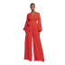 solid color long-sleeved v-neck top and high waist wide-leg pants two-piece set NSHBG123774