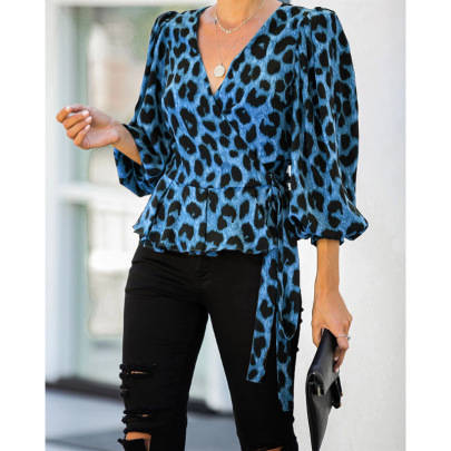 Leopard Print V-neck Long Sleeve Lace Up Loose Top NSONF123840