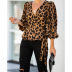 Leopard print v-neck long sleeve lace up loose top NSONF123840