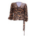 Leopard print v-neck long sleeve lace up loose top NSONF123840
