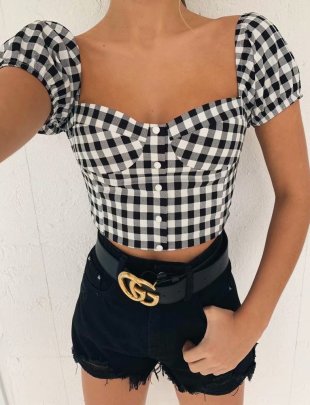 Square Neck Plaid High-waisted Short-sleeved Top NSLQS123873