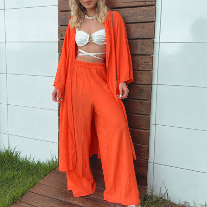 Solid Color Mid-length Long Sleeve Cardigan Wide-leg Pants Two-piece Set NSONF123906