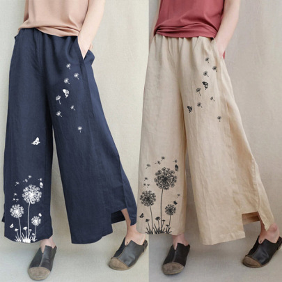 Printed Cotton Linen Straight Loose Trousers NSONF123912