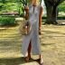 V-Neck Loose Split Sleeveless Cotton Linen Print Dress NSONF123916