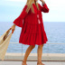 solid color V-neck loose cotton linen stitching dress NSONF123938