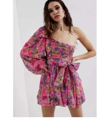 Spring Floral Print Single-shoulder Long-sleeved Chiffon Short Dress NSAM123243