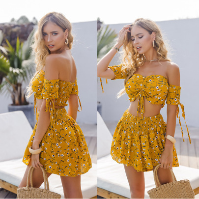 Off-the-shoulder Drawstring Slim Floral Tops And Shorts Suits NSHNF117256