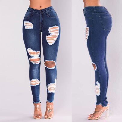 Stretch Cotton Hole Slim-fit Jeans NSGJW117315