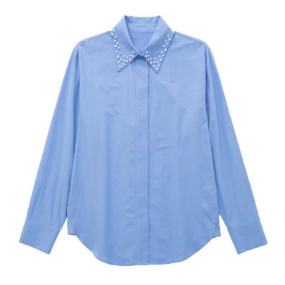 Solid Color Long-sleeved Lapel Loose Faux Jewelry Decor Poplin Shirt NSXDX117332