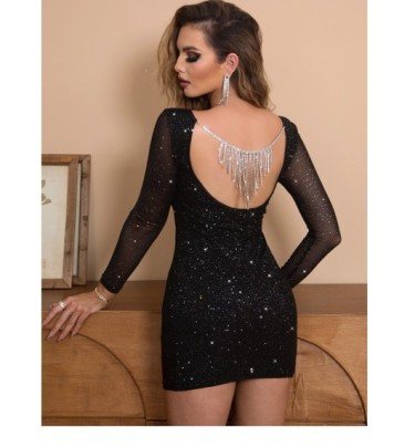 Backless Long Sleeve Fine Sparkle Rhinestones Prom Dress NSYI117284