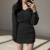 solid color long-sleeved knitted V-neck waist pleated sheath dress NSGWY117397
