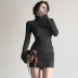 solid color button long-sleeved knitted high-necked sheath dress NSGWY117399