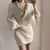 solid color long-sleeved deep V-neck kink irregular dress NSGWY117404